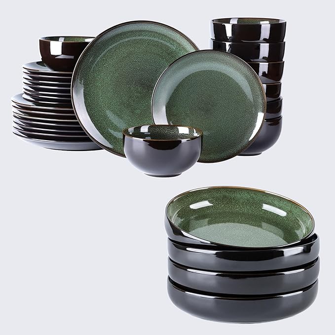 LERATIO Ceramic Dinnerware Sets for 8Stoneware Plates and Bowls SetsHandmade Reactive Glaze Dishes SetChip Resistant and Scratch Resistant | Oven&ampDishwasher &amp Microwave Safe-Green(28PCS)