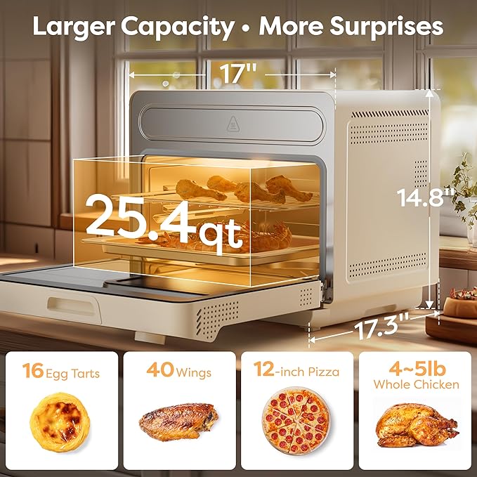 CIARRA 12-in-1 Countertop Steam Oven with Air Fryer 25.4QT Steam Air Fryer Combo Nosh Oven Pro - Convection Toaster Bake Self-Clean Dehydrate Ferment White
