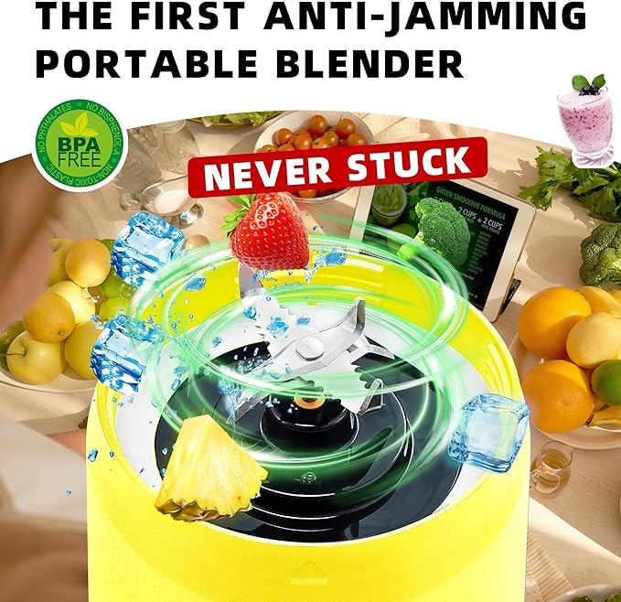 Portable Blender Anti-Jamming 300 Watt for Shakes and Smoothies 24oz Travel Blender USB Rechargeable BPA Free Sporty bottle with a Travel Lid. (Black Base Grey Lid) (Yellow Base Yellow Lid)