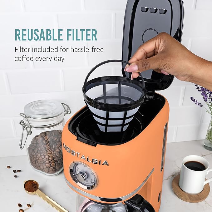 Nostalgia Classic Retro 10 Cup Coffee Maker - One-Touch Drip Brew Reusable Filter - Anti-Drip Auto Shutoff &amp Time Display - Dishwasher Safe 50 oz Carafe - Orange