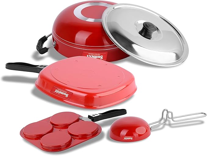 Sumeet Ruz 2.6 mm Thick Non-Stick Cookware Set (Mini Multi Snack Maker 19.5 cm Dia Kadhai with Lid 1.5 Ltr Capacity and 20 cm Dia Grill Pan 1.1 Ltr Capacity and 22 cm Dia Grill Pan 1.1 Ltr)