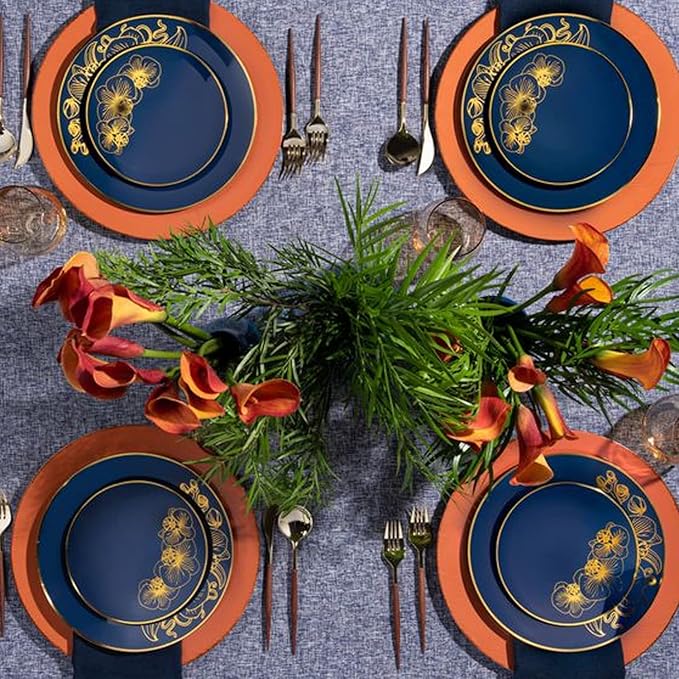 Nicole Fantini's Elegant Orchard Collection Party Dinner Sets: Economical Stylish Navy Blue &amp Gold Party Serving for 50 Person: 300 Pieces