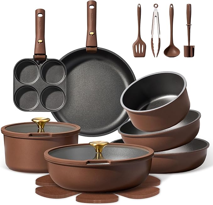 CAROTE 21pcs Pots and Pans Set Nonstick Cookware Set Detachable Handle Induction Kitchen Cookware Sets Non Stick with Removable Handle RV Cookware Set Oven Safe Brown