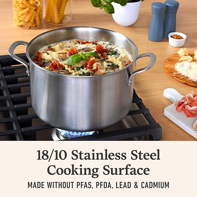 Calphalon Brushed 3-Ply Stainless Steel Cookware Set w/Turbo Heat Tech 6Qt Stock Pot with Lid Induction Oven Safe 450F Brushed Stainless Silver