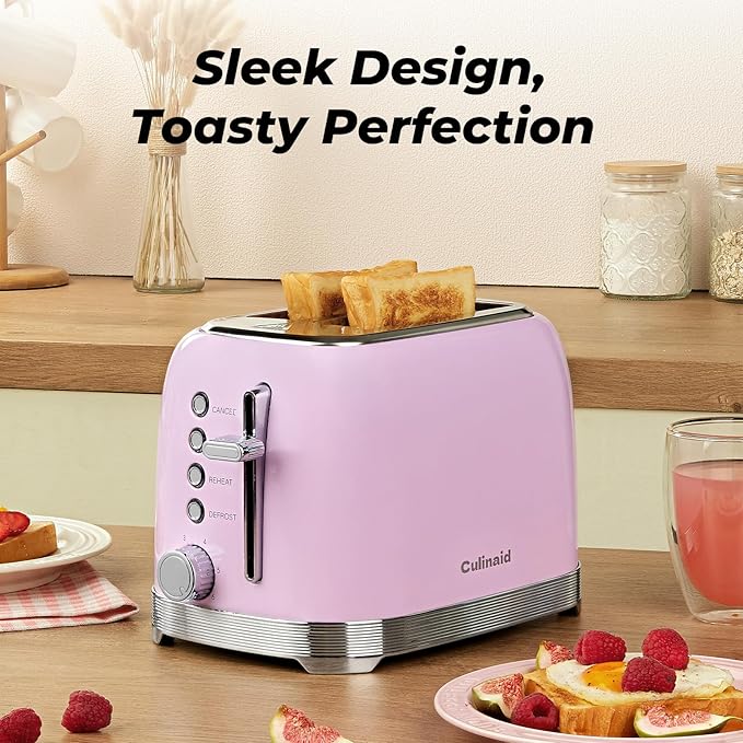 Toaster 2 Slice Retro Stainless Steel with 1.5” Extra Wide Slots Bagel Defrost Reheat Cancel Functions 6 Bread Shade Settings Removable Crumb Tray Pastel Pink