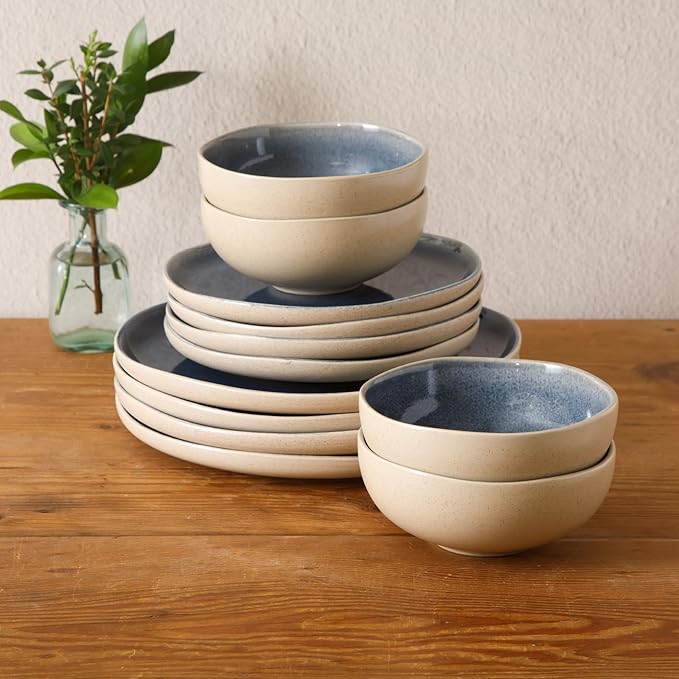 Gibson Elite Manila Bay 12-Piece Stoneware Dinnerware Set Service for 4 Reactive Glaze Modern Artisan Plates Bowls &amp Mugs Blue Round Design