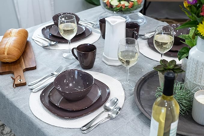 Elanze Designs 16-Piece Modern Luxury Chic Smooth Vintage Handmade Shape High Gloss Ceramic Stoneware Square Plate Mug &amp Bowl Kitchen Dinnerware 16 Piece Set - Service for 4 Plum Purple