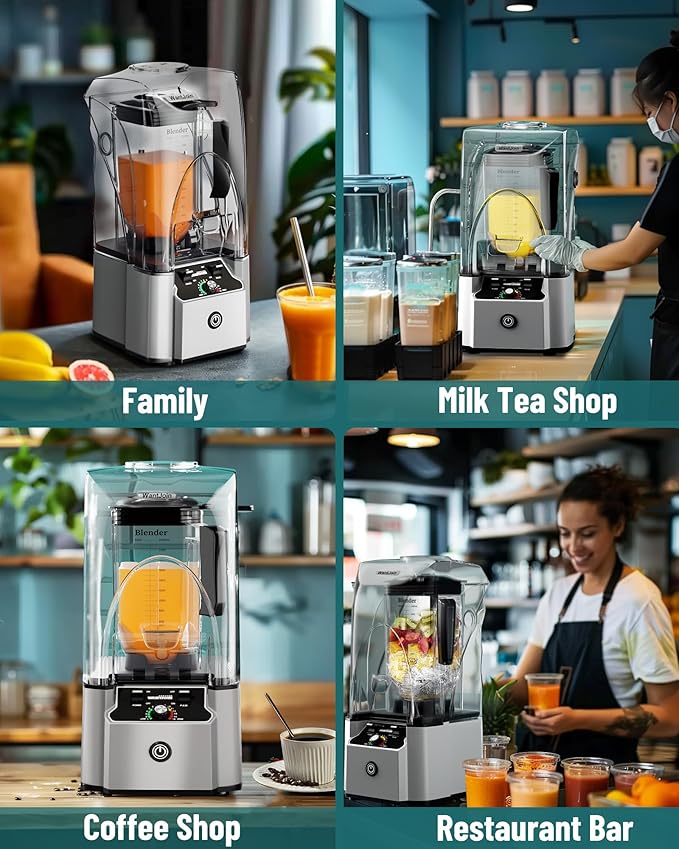WantJoin Commercial Professional Blender With Shield Quiet Sound Enclosure 2200W Industries Strong and Quiet Professional-Grade Power Self-Cleaning Silver