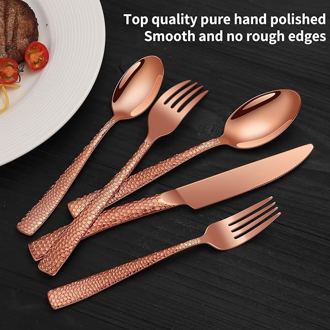 40-Piece Silverware Set Rose Gold Hammered Stainless Steel Flatware Sets for 8 Food-Grade Tableware Set Including Fork Knife Spoon Set Home Kitchen Cutlery Sets Dishwasher Safe