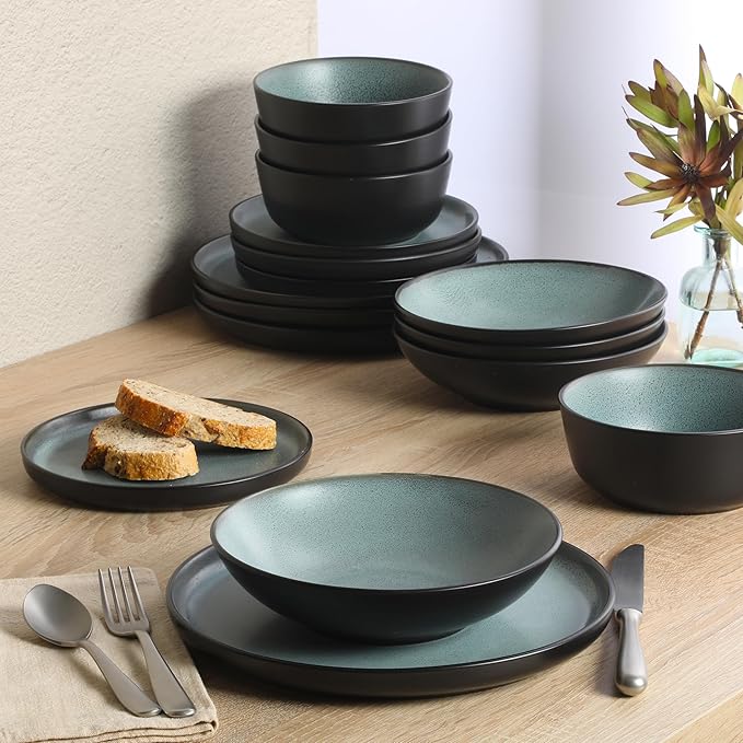 Gibson Elite Tribeca Loft 16-Piece Dinnerware Set – Matte Black and Green Reactive Glaze Stoneware Double Bowl Round Plates and Bowls – Modern Rustic Tableware for 4 Dishwasher &amp Microwave Safe