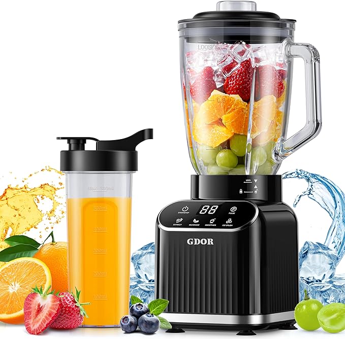 GDOR Professional Blender for Kitchen 1200 Peak Watts Smoothie Blender 5 Functions for Ice Crushing &amp Frozen Fruit 52 Oz Glass Jar &amp 24 Oz To-Go Cup Combo Self-Cleaning Black