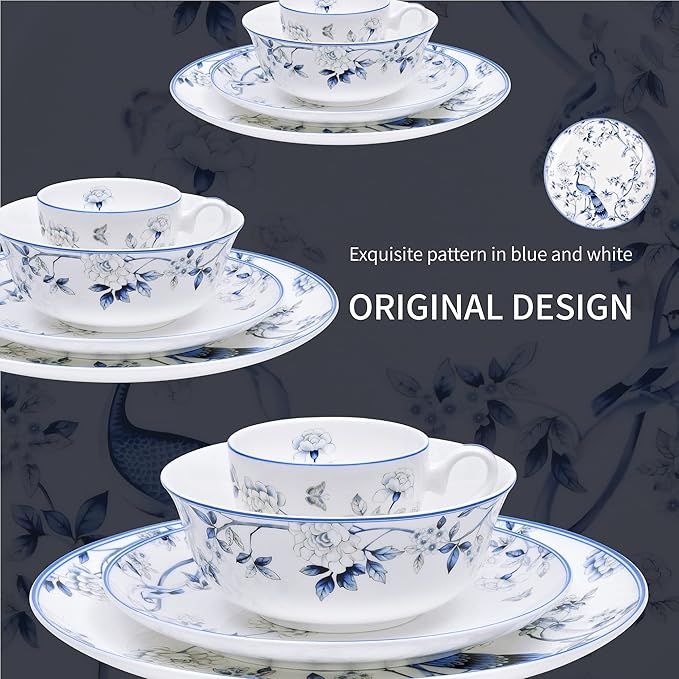 16 PCS Top-Grade Bone China Dinnerware Set for 4Jingdezhen Blue and White Porcelain Kitchen Bowls Dinner Table Plates Coffee Cups