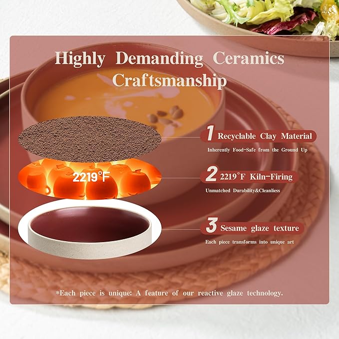 12 Pieces Dinnerware SetsPlates and Bowls SetsHandmade Reactive Glaze Dishes Set for 4 with at Least 10% Recycled Ceramic and the Raw Texture of the Clay (Angora Red)