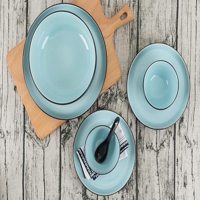 Dinnerware Set 18 Pieces Stoneware Dinnerware Dinner Set for 4 Vintage Look Dinner Dish Set Chip Resistant Tableware Set with Dinner Plate Dessert Plate Bow(