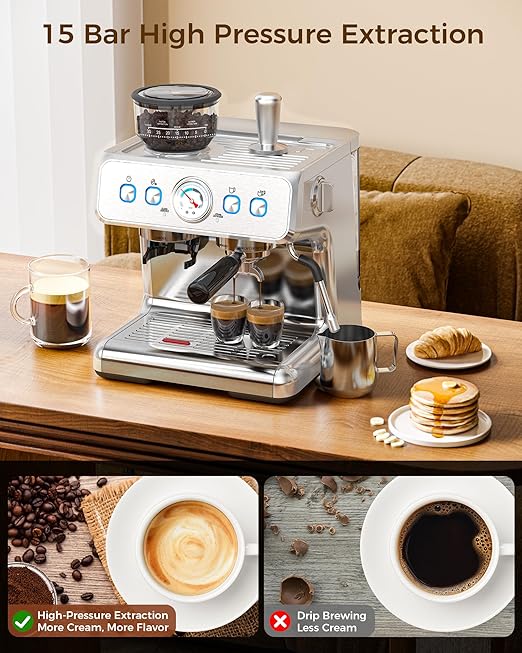 COWSAR (2025 Upgrade 15 Bar Espresso Machine with Grinder &amp Milk Frother Steam Wand Tamping Tools58mm Commercial Espresso Maker for HomeCoffee Maker with Grinder Perfect for latteCappuccino