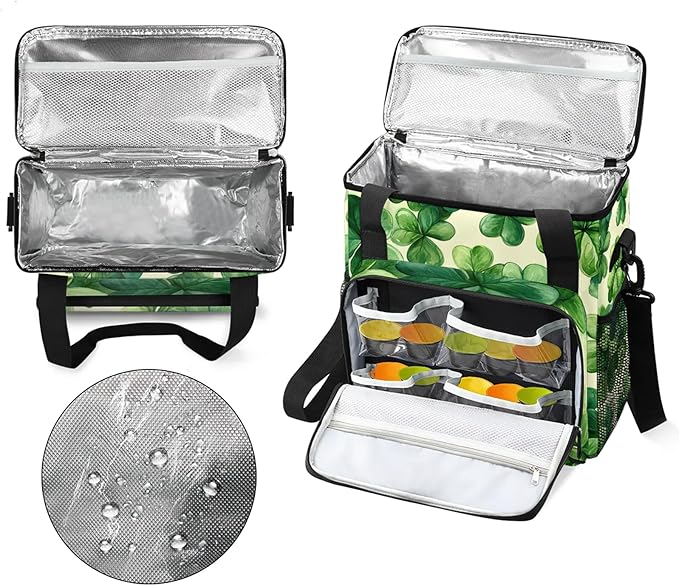 St Patricks Day Coffee Maker Travel Bag Clover Shamrock Insulated Grocery Bag Travel Picnic Leakproof Cooler Bags With Shoulder Strap