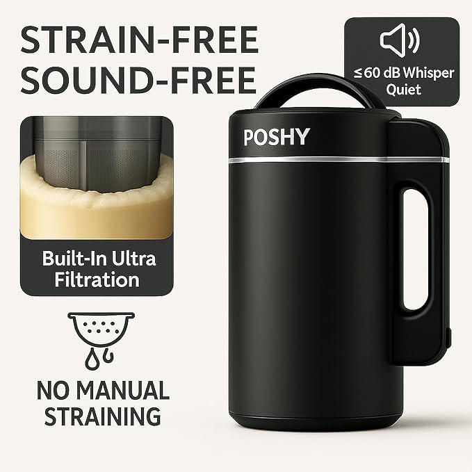 Poshy Nut Milk Maker 50 oz (1.5 L) – Ultra Filtration (No Mesh Bags) Self-Clean Quiet Motor Texture Control – Almond/Oat/Soy – Stainless Steel 120V