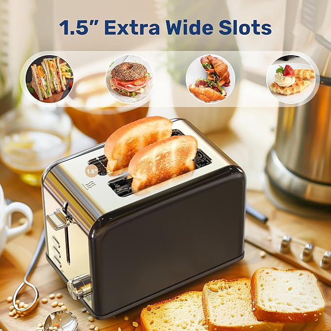 YSSOA 2-Slice Stainless Steel Toaster 6 Browning Setting and 3 Function Extra Wide Slot &amp Removable Crumb Tray for Bread &amp Waffle Black