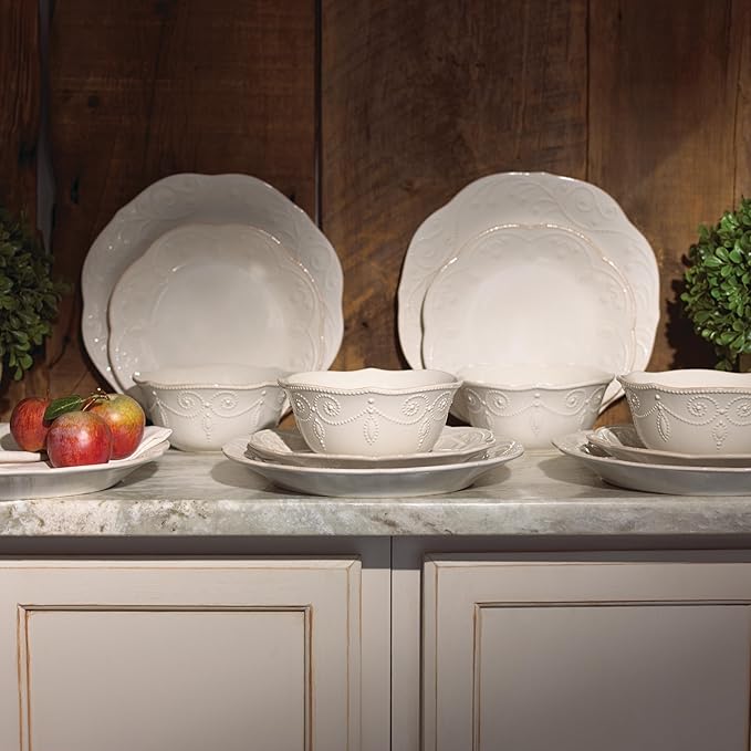 Lenox Dinnerware Set French Perle White 12-Piece Set Service For 4 Stoneware Material Dishwasher Safe Microwave Safe Plates Bowls Home &amp Kitchen Plates And Bowls Sets (White 12 Piece)