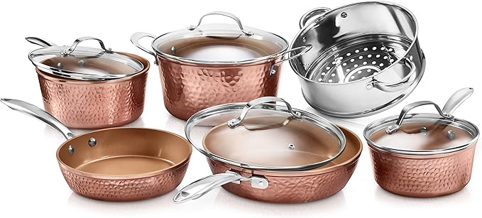 Gotham Steel Hammered Collection Pots and Pans 10 Piece Premium Ceramic Cookware Set – with Triple Coated Ultra Nonstick Surface for Even Heating Oven Stovetop &amp Dishwasher Safe