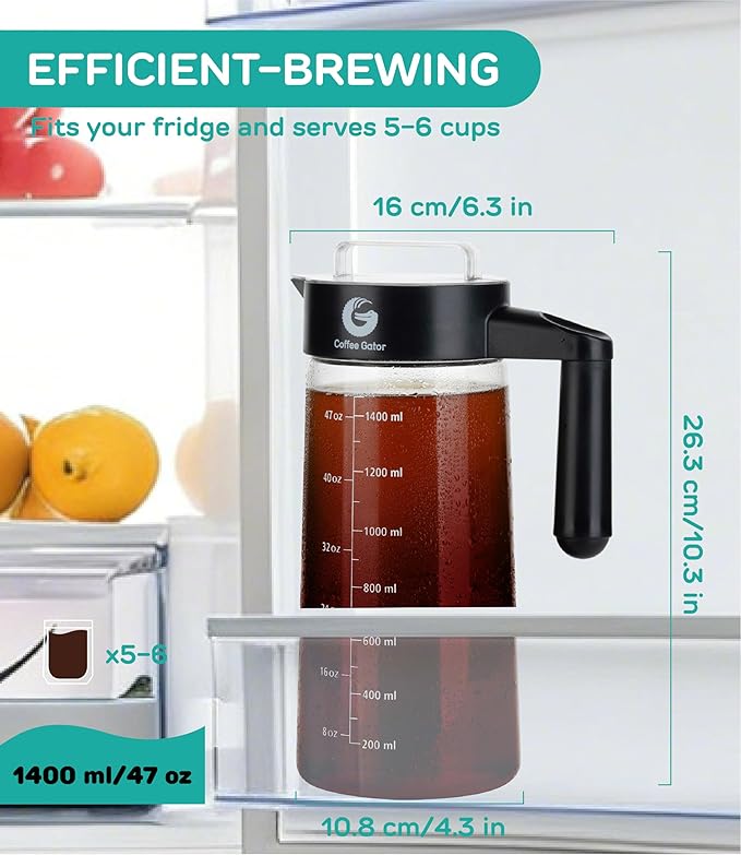 Coffee Gator Cold Brew Coffee Maker - 47 oz Iced Tea and Iced Coffee Maker and Pitcher with Borosilicate Glass Carafe Filter - Black