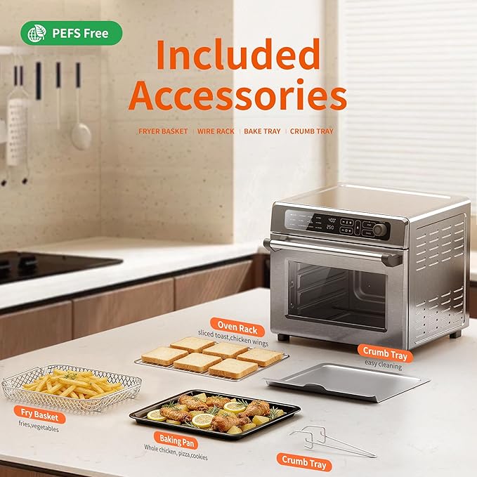 25QT Air Fryer Toaster Oven Combo 12-in-1 Large Convection Airfryer Oven with 70–450℉ Temperature Control &amp 60-Minute Timer Bake Roast &amp Broil Fits 12″ Pizza(Silver)