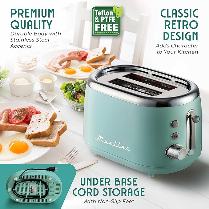 Mueller Retro Toaster 2 Slice with 7 Browning Levels and 3 Functions: Reheat Defrost &amp Cancel Stainless Steel Features Removable Crumb Tray Under Base Cord Storage Turquoise