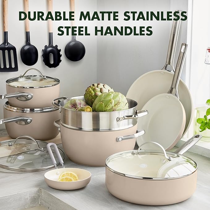 GreenPan Padova Hard Anodized Healthy Ceramic Nonstick 17 Piece Cookware Set PFAS-Free Induction Dishwasher Safe Oven Safe Taupe