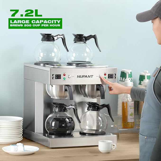 Dual Drip Commercial Coffee Maker with Water Line 200 Cup/H 7.2L Auto-Filling Drip Coffee Maker Machine with 4 Carafes &amp 4 Warmers Stainless Steel Pour over Double Coffee Brewer for Restaurant
