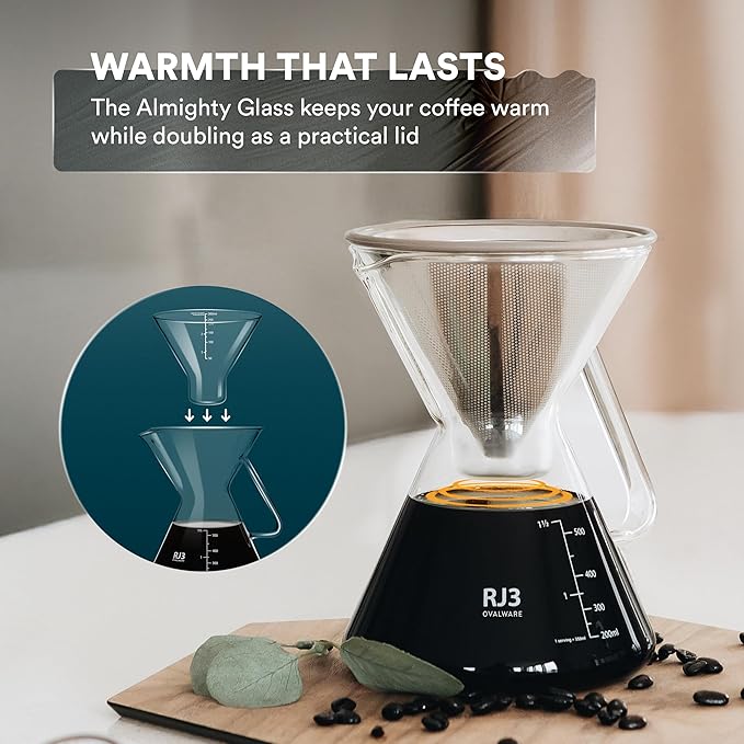 ovalware Pour Over Coffee Dripper Maker Paperless Stainless Steel Filter Precision Measuring Cup and Carafe with Airtight Cold Brew Iced Coffee Maker Pitcher RJ3 Brewing Glass Carafe