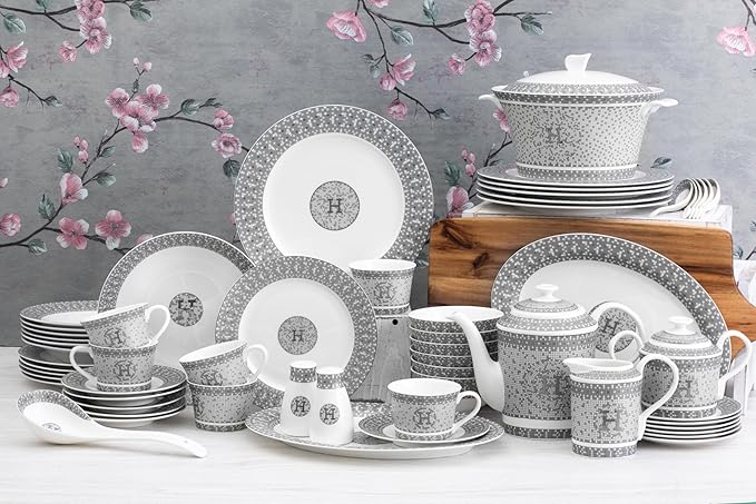 Dinnerware Set for 4-16 Piece Porcelain Dishes - Gorgeous White and Silver Intricate Geometric Mosaic Design - Premium Kitchen Set - For Everyday Use and Formal Occasions (58 Piece Set)