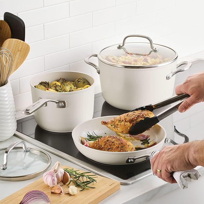 KitchenAid Hard Anodized Ceramic Induction Nonstick Pots and Pans with Saucepans Frying Pans Stockpot and Lids Dishwasher Safe 9 Piece Cookware Set with Stainless Steel Handles - Porcelain White