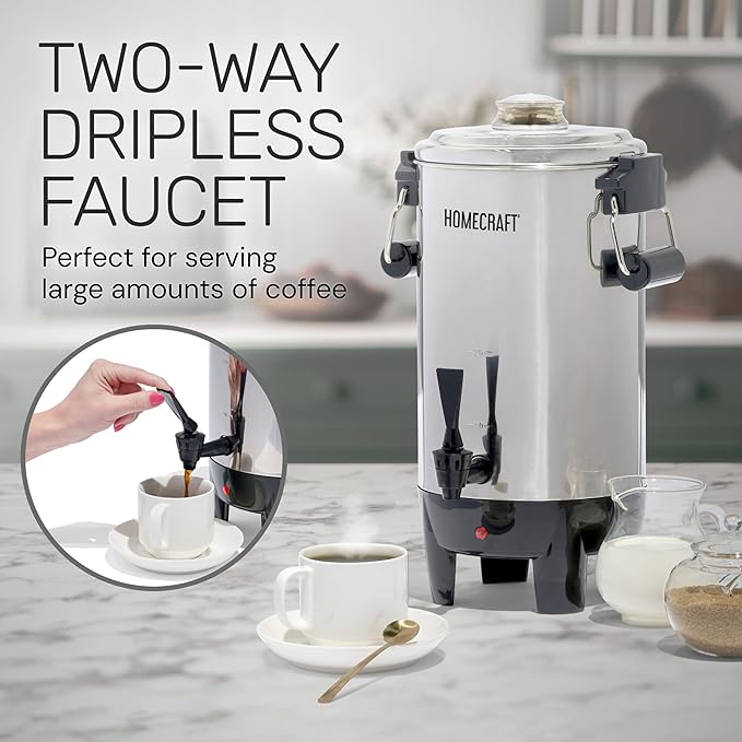 30 Cup Coffee Urn - Quick-Brewing Stainless Steel Double-Faucet - Perfect For Espresso Hot Water Tea Hot Chocolate - Stainless Steel