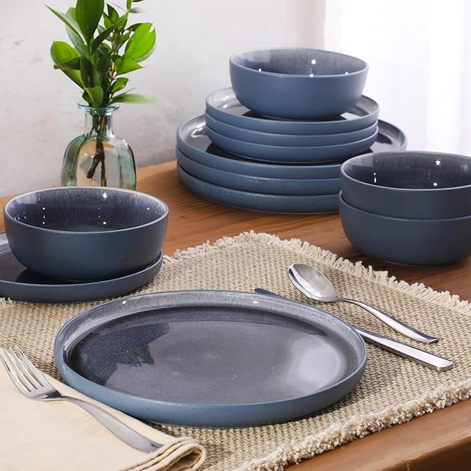 Gibson Elite Reactive Stoneware Dinnerware Set - Tahoe Sunset Matte Exterior &amp Shiny Interior Blue | 12-Piece – Plates and Bowls Durable Everyday Dish Set Microwave &amp Dishwasher Safe