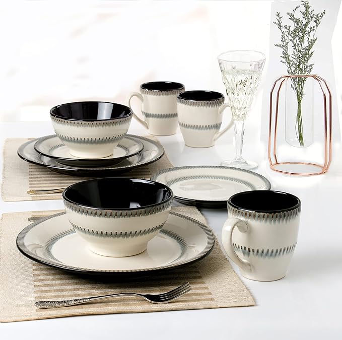 Lorren Home Trends 16 Piece Stoneware Set-ContrastWhite