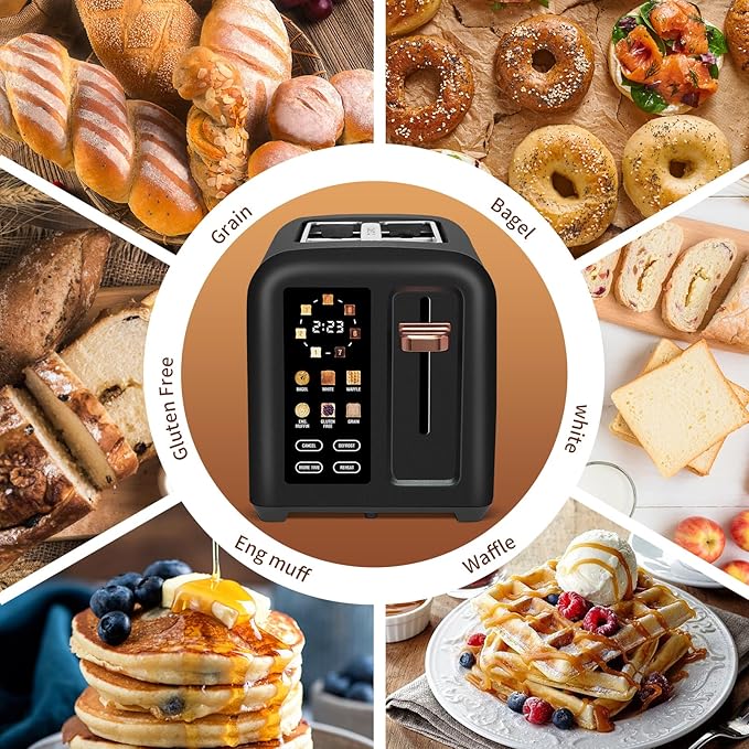 SEEDEEM Toaster 2 Slice Touch Control Stainless Toaster LCD Display 50% Faster Heating Speed 1.4'' Wide Slots More Timer Functions Removable Crumb Tray 1350W Dark Chocolate