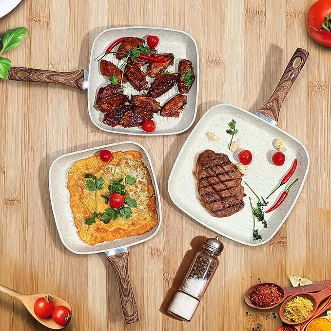 DUMOS 3 Pcs Grill Pans Set Nonstick Square Frying Pan Skillet Set with Stay Cool Handle &amp PFOA Free Compatible with All Stovetops (9.5 10 11) Light White