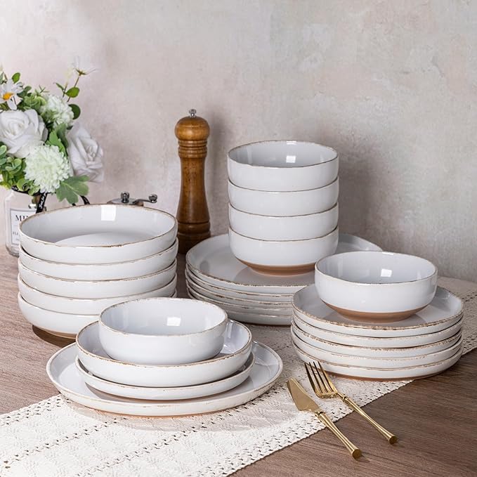AmorArc Ceramic Dinnerware Sets for 4 12 Pieces Handpainted Plates and Bowls Set with Rustic Terracotta Underside Scratch Resistant Stoneware Dishes Set Dishwasher &amp Microwave Safe White