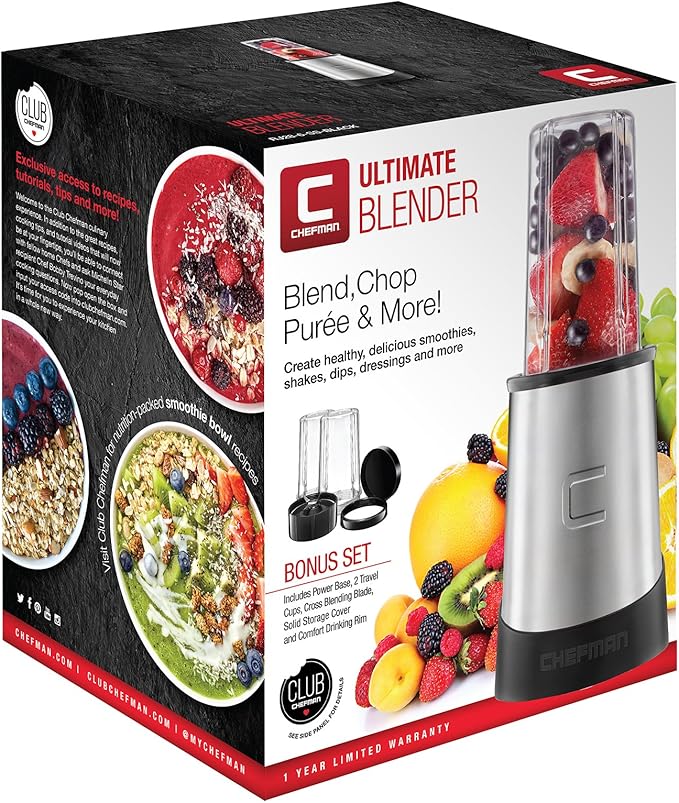 Chefman Personal Ultimate Kitchen Blender Quick Portable Blending of Shakes Smoothies Baby Food &amp Juice 2 Travel Cups Cover &amp Drinking Rim 6-Piece Set Dishwasher-Safe Stainless-Steel Bl