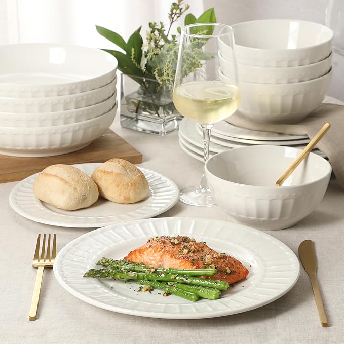 Gibson Home Melbourne White Plates and Bowls Set 16 Piece Embossed Ceramic Dinnerware Set - Service for 4 Dishes - With Pasta Bowl