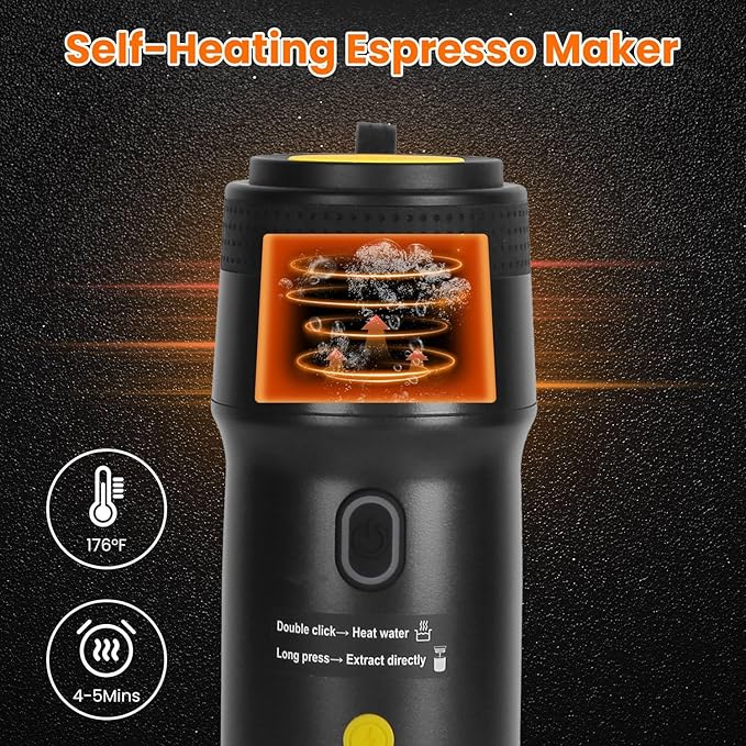 Portable Electric Espresso Maker Cordless Coffee Maker Small Self-Heating Espresso Machine with Anti-Dry Burn Fit for Ground Coffee/NS/DG Capsules for Camping Hiking RV Car Home Office