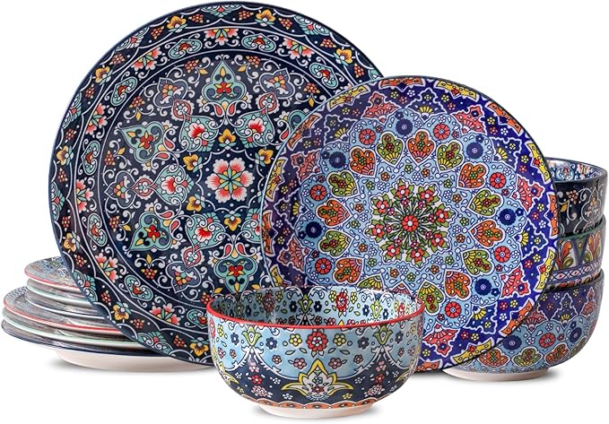 glowworm Bohemian Dinnerware Sets Ceramic Dishes Set for 4 12 Pieces Plates and Bowls Set Oven Microwave &amp Dishwasher Safe Scratch Resistant