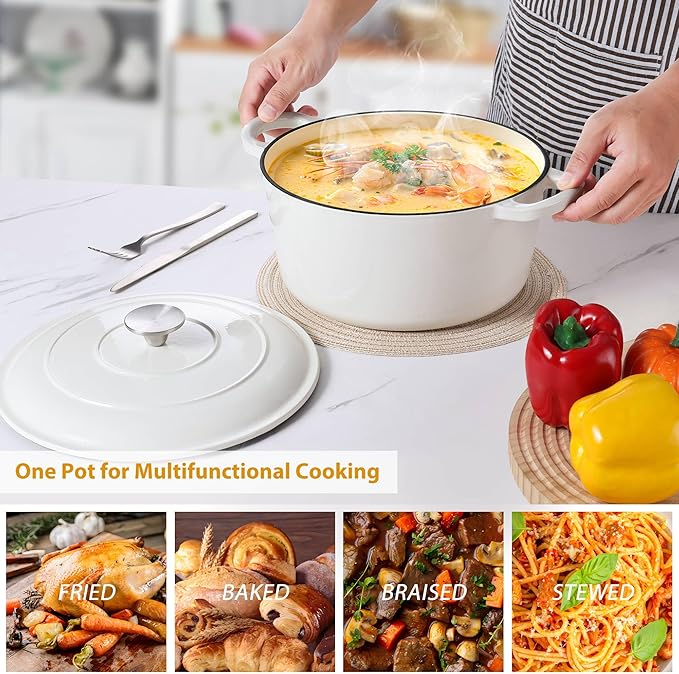 LIANYU Stoneware Dinnerware Sets 6 QT Enameled Cast Iron Dutch Oven 12 Piece Dinner Dish Set for 4 Kitchen Plates and Bowls Sets Nonstick Dutch Oven with Lid White