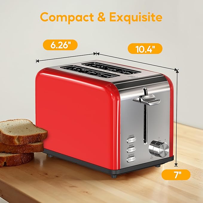 HealSmart 2-Slice Stainless Steel Toaster 6 Browning Setting and 3 Function Toaster Extra Wide Slot &amp Removable Crumb Tray for Bread &amp Waffle Red