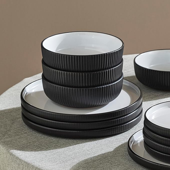 Christian Siriano Laro 24-Piece Stoneware Dinnerware Set Plates and Bowls Set Microwave and Dishwasher Safe Dish Set for 8 Black