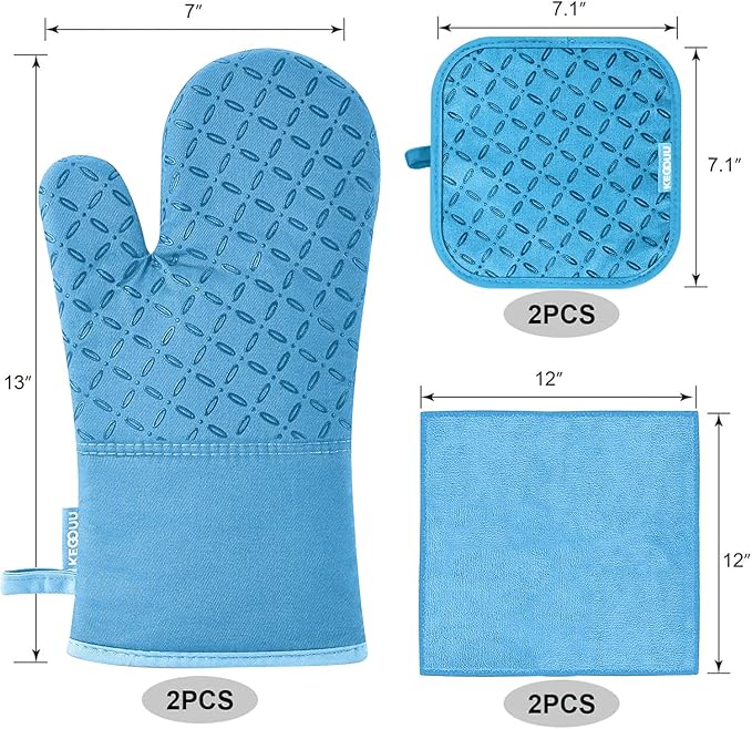 KEGOUU Oven Mitts and Pot Holders 6pcs Set Kitchen Oven Glove High Heat Resistant 500 Degree Extra Long Oven Mitts and Potholder with Non-Slip Silicone Surface for Cooking (Sky Blue)