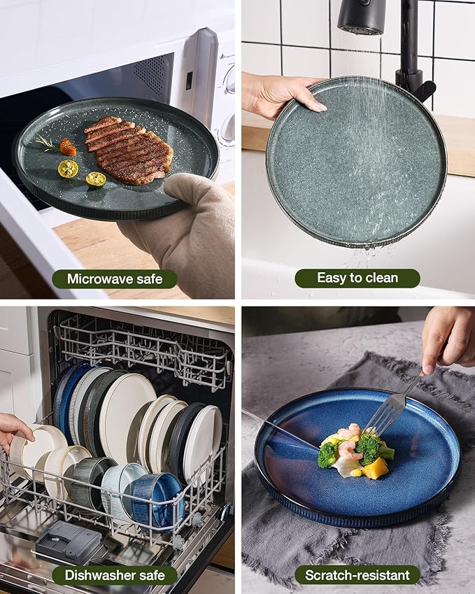 Famiware Star Dinnerware Set Plates and Bowls Sets for 4 (12pcs) Ribbed Stoneware Dishes - Chip &amp Scratch Resistant Microwave &amp Dishwasher Safe Deep Forest