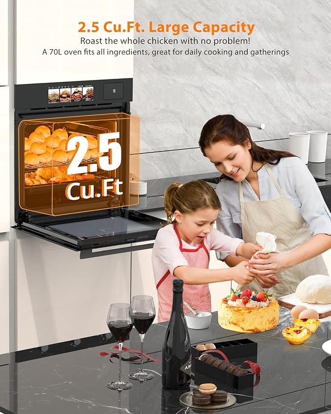 24 Built-in Electric Oven - Single Wall Convection Design 3000W 2.5Cu.ft Capacity 8 Cooking Modes Stainless Steel Colorful Touch Screen Transparent Viewing Window Black