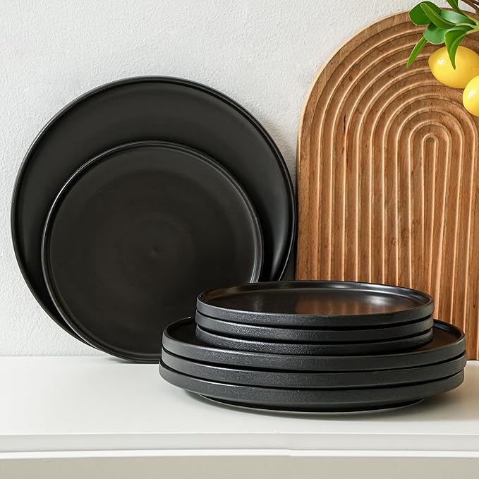 Plates and Bowls Sets 12 Piece Ceramic Dinnerware Set for Family and Gatherings Dishes Set for 4 Dishwasher &amp Microwave Safe Handcrafted Stoneware Sets Modern Black