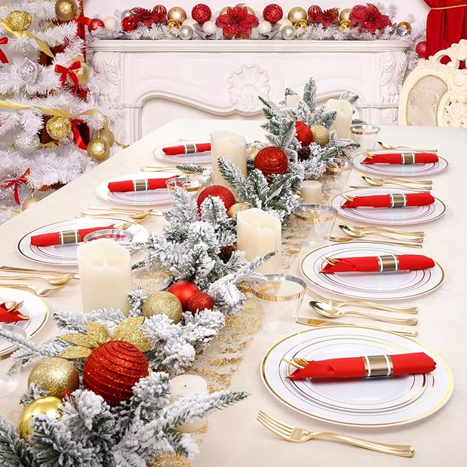 Nervure 400PCS Pre Rolled Gold Plastic Silverware Sets - Heavy Duty Gold Cutlery - Include 100 Pack Wrapped Disposable Utensils with Red Napkins for Christmas &amp Party &amp Wedding